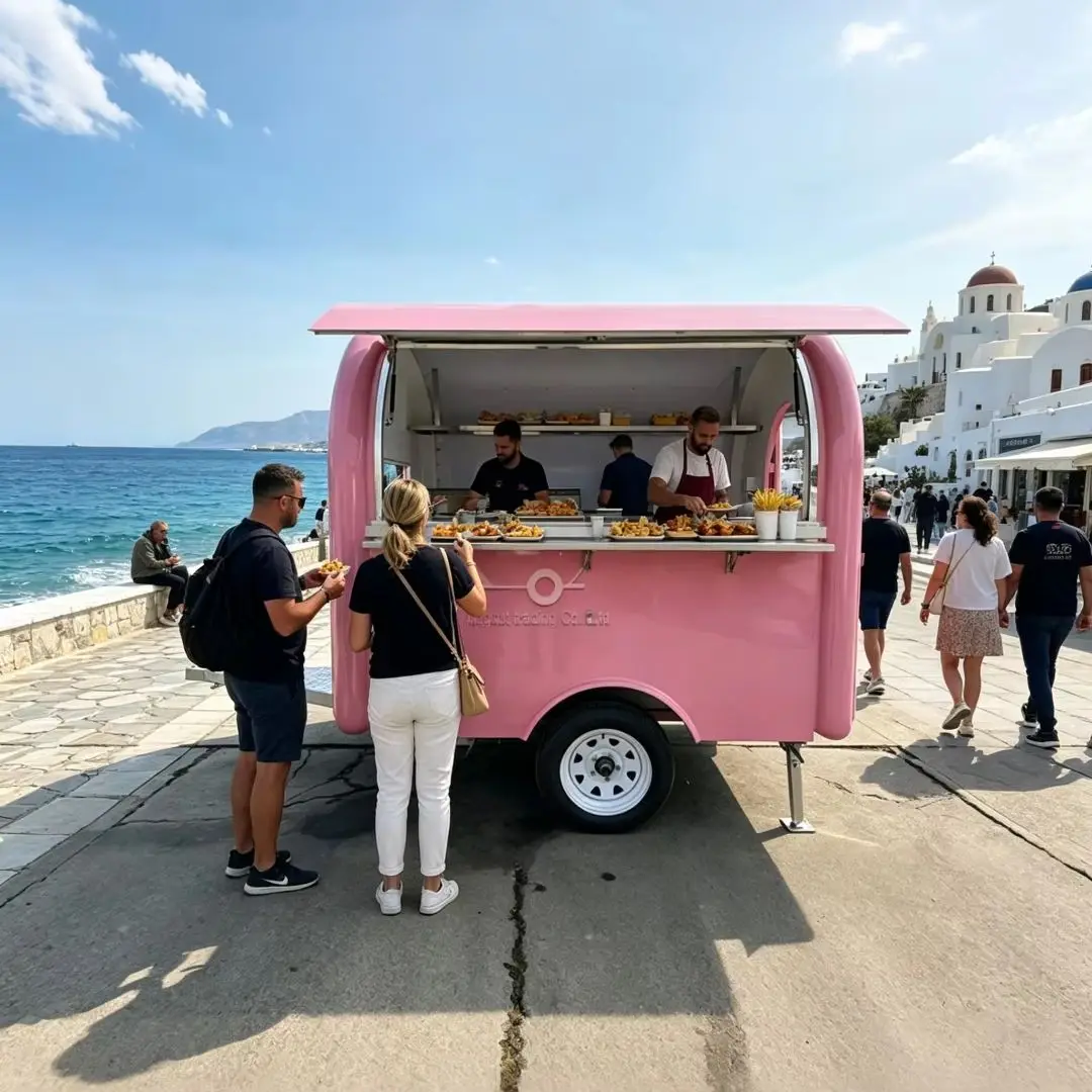 

Cute Pink Mini Food Trailer Custom Logo Mobile Cart for Ice Cream Bubble Tea Dessert Amusement Park & Street Retail