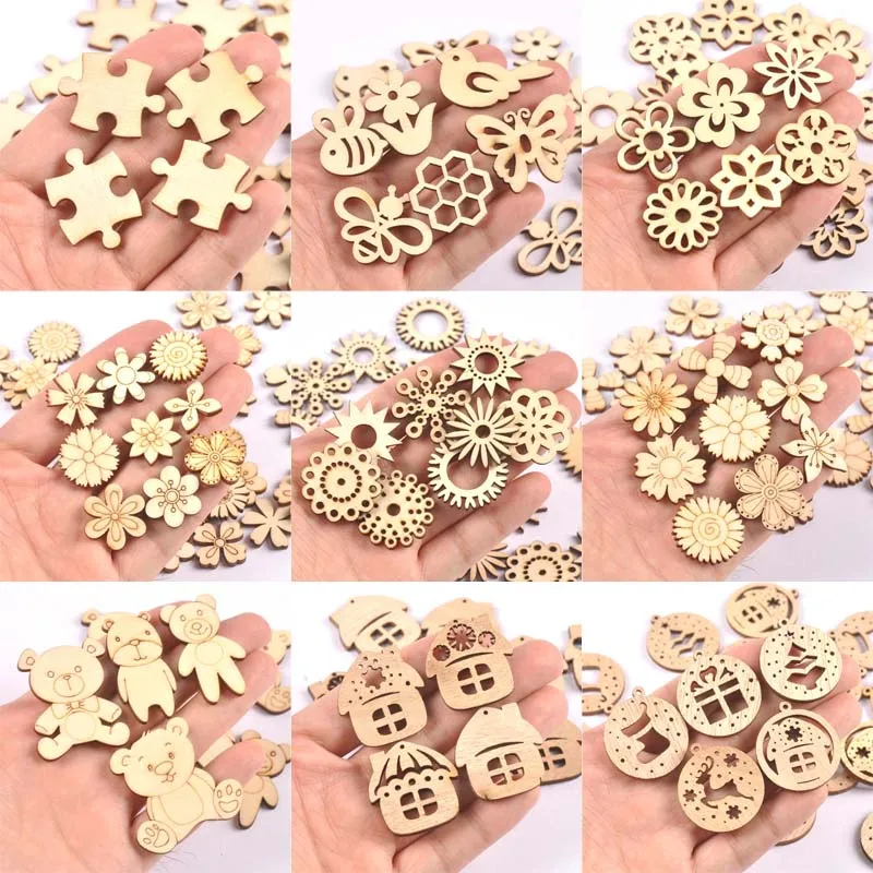 Bear Flower House Natural Wooden Chips Scrapbooking Carft for Home Decoration Diy Embellishments cp3362