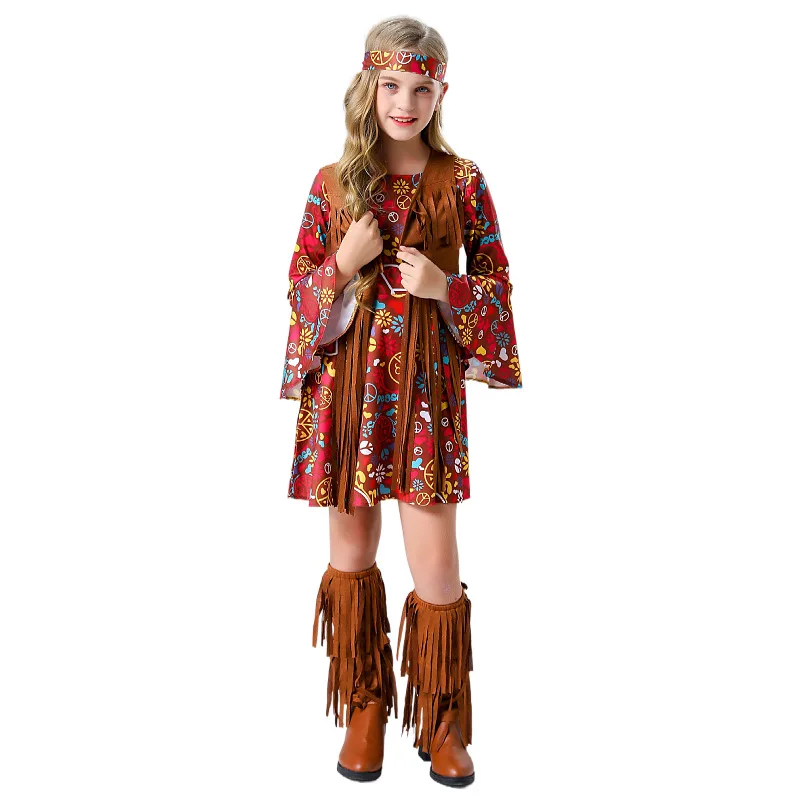 

Child Retro 60s 70s Tassels Hippie Costume Halloween Party Cosplay Hip Ho Disco Girl Hippy Dress Up