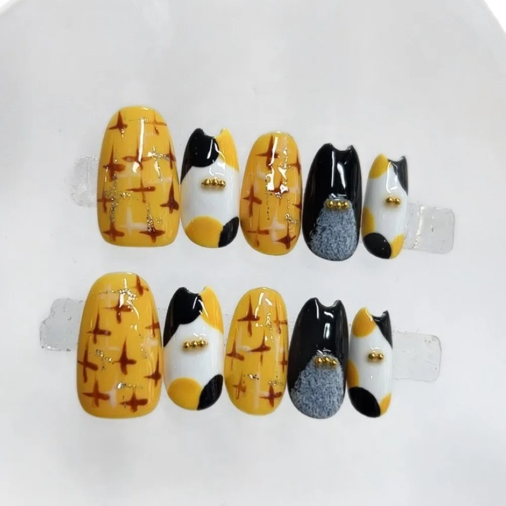 10 Pieces Cute Cartoon Calico Cat Handmade Press On Nails Bright Orange Gold Beads Embellished Art Fake Nails Reusableb