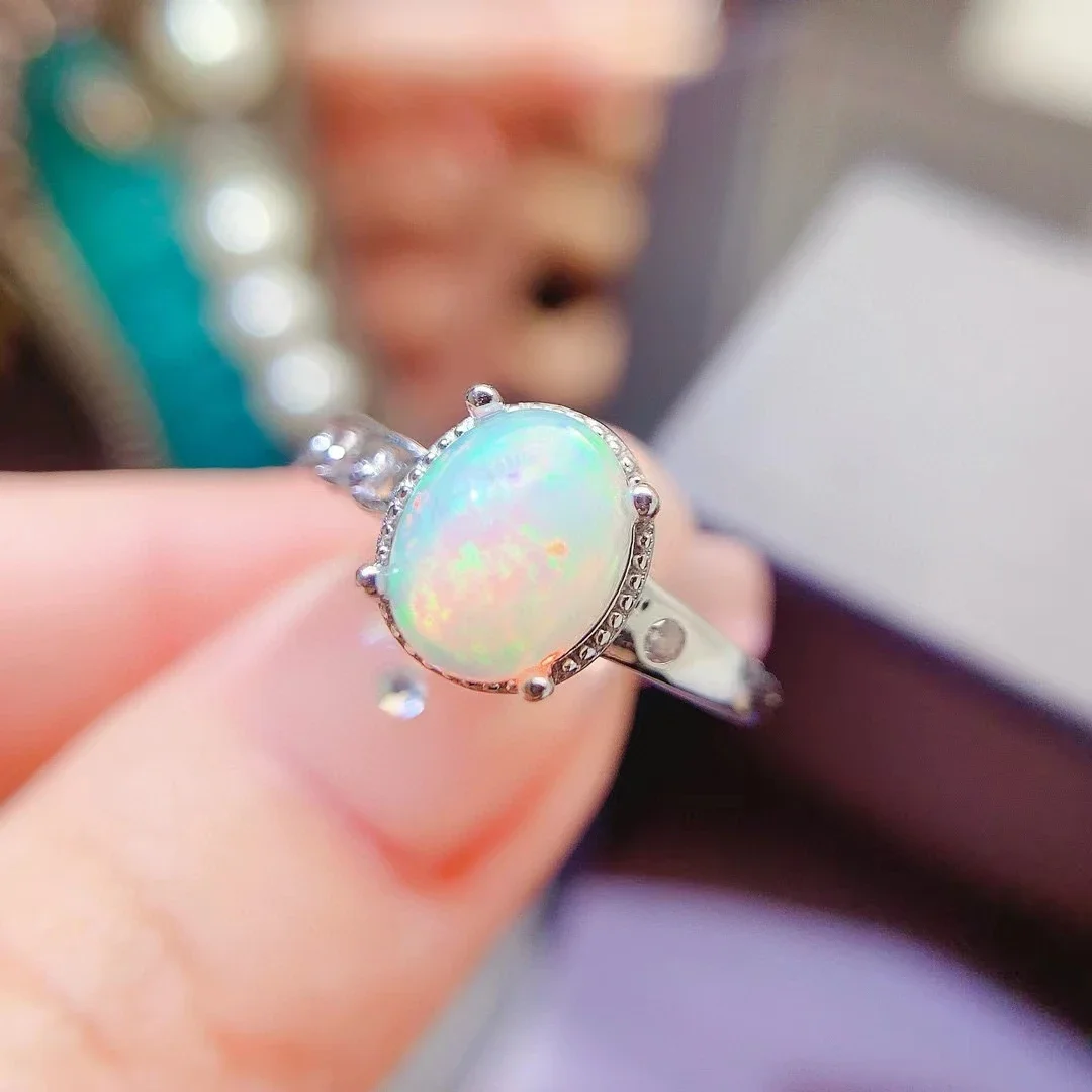 Natural Australian Opal Ring 7mm*9mm Genuine 925 Silver Opal Jerwelry 18K Gold Plated Jewelry for Daily Wear