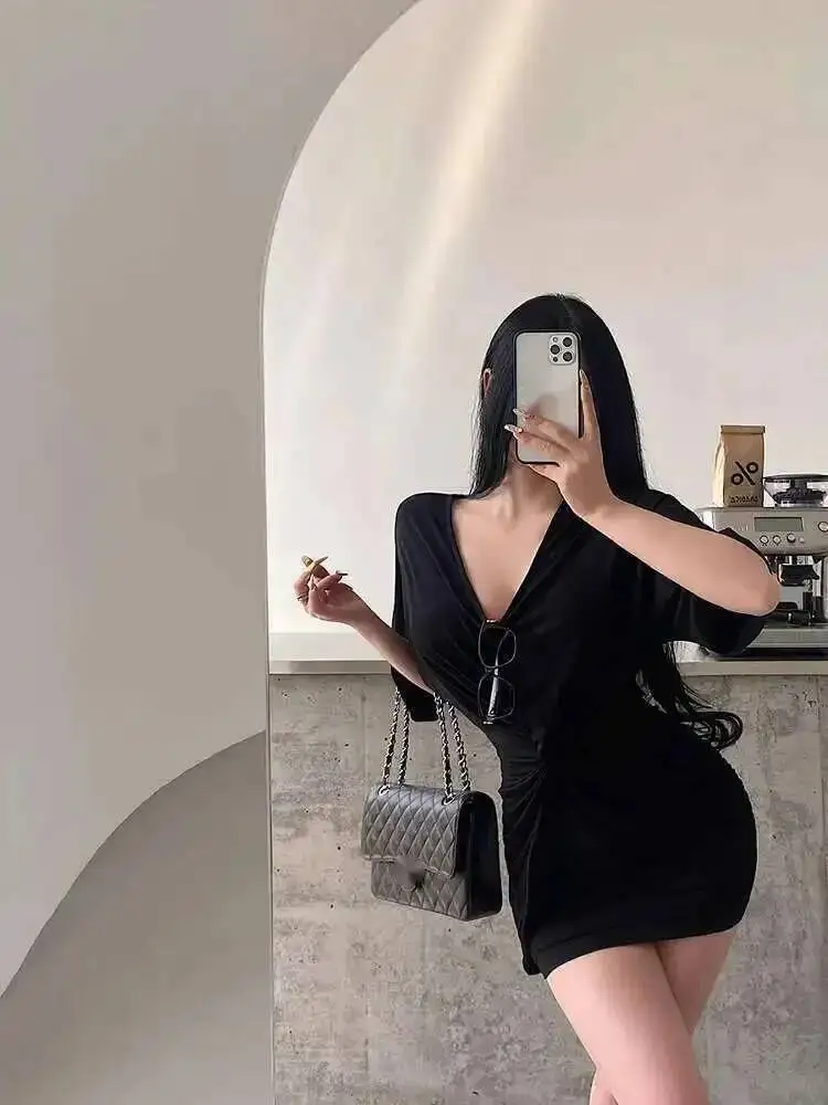 Pure Desire Sexy V-neck Twisted Wrinkle Waist Pack Hip Dress Elegant Short Skirt V Neck T Shirt Dresses ZP61