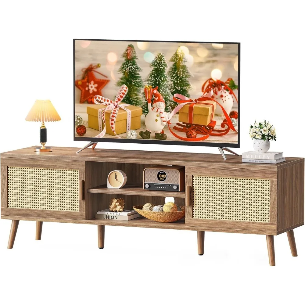 

Boho TV Stand for 65 Inch TV Rattan Entertainment Center with Adjustable Shelf 2 Cabinets Media Console Solid Wood Feet 4