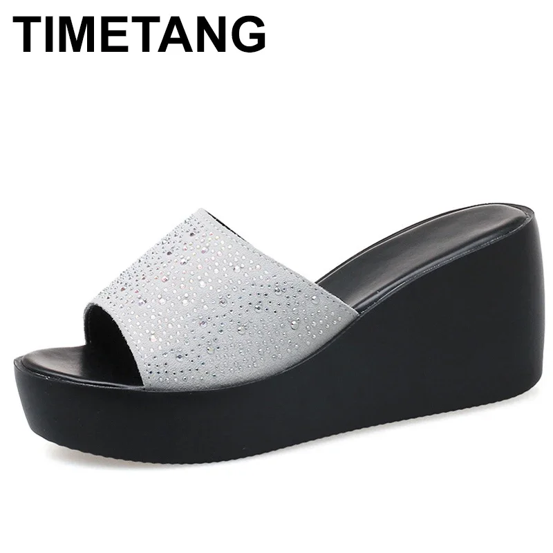 

TIMETANG женские тапочки со стразами, летние шлепанцы на танкетке и платформе без шнуровки, уличные сандалии Sandalias Mujer
