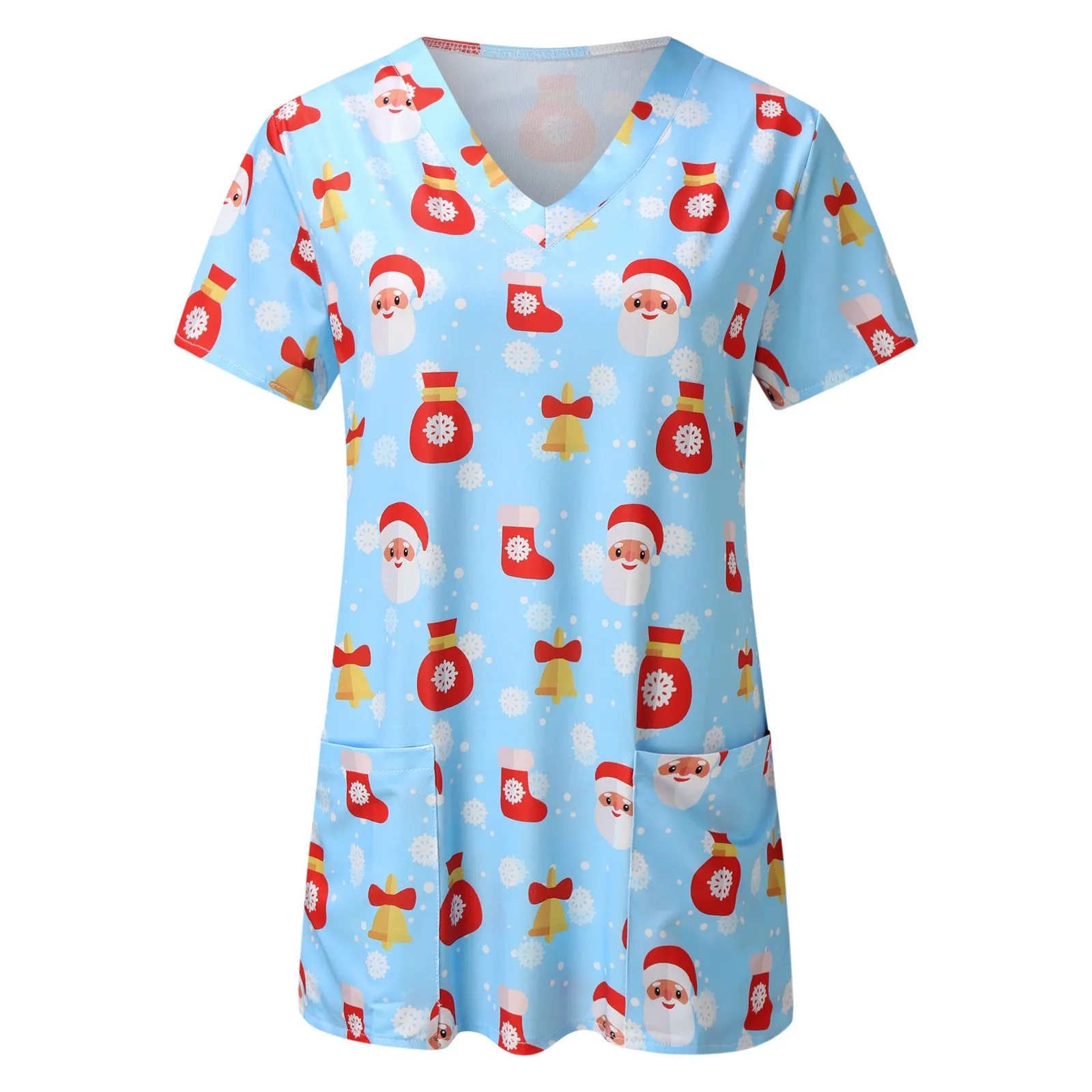 Women Scrub Nurse Uniform Casual Short Sleeve V Neck Christmas Printed Working T-Shirt Tops Pockets Clinic Pharmacy Workwear