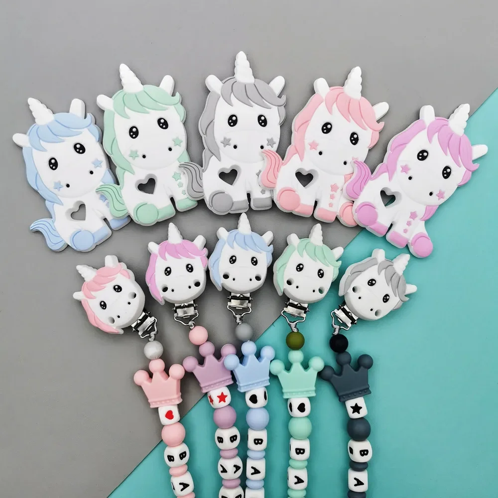 Custom English Russian Silicone Letter Name Baby Unicorn Silicone Pendant Pacifier Clips Chains Teether Baby Kawaii Toy Gifts