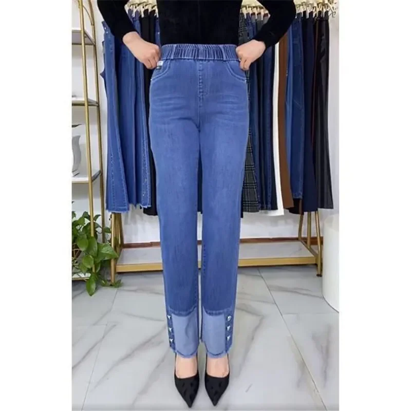 Jean femme d'âge moyen taille extensible pantalon en Denim droit grande taille ample taille haute décontractée noir bleu pantalon XT1238