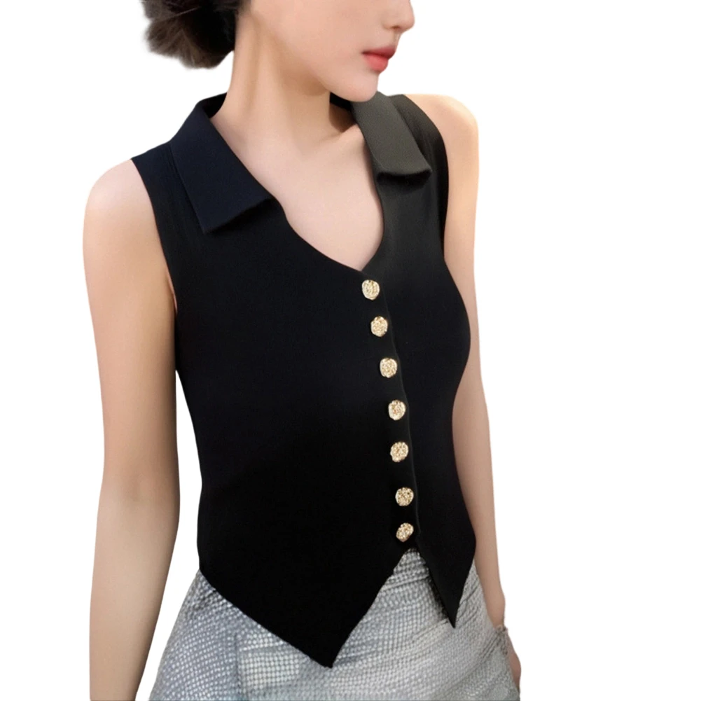 

V-neck Tank Lapel Vest Layering Lapel Collar Solid Color Regular Length Casual Style Elegant Women Summer Tops