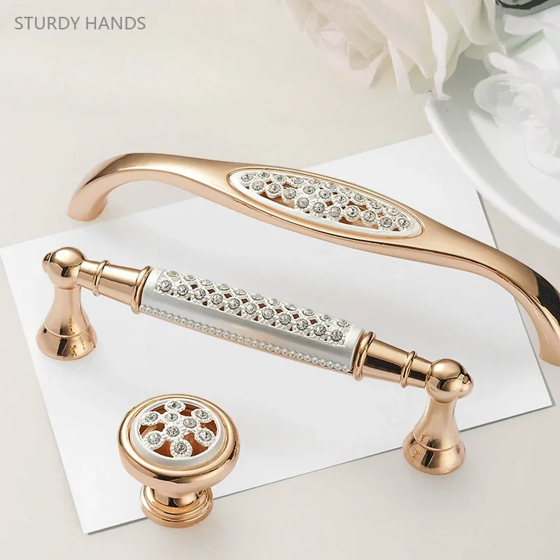 1PCS zinc alloy wardrobe handle European rose gold inlaid diamond cabinet  drawer door handle furniture hardware accessories - AliExpress 13