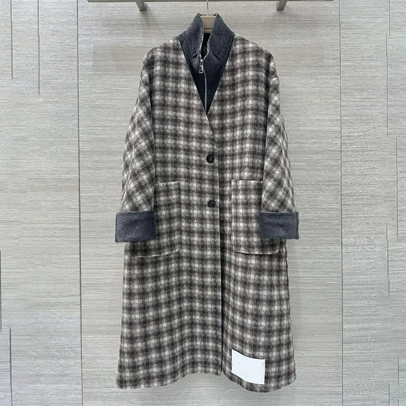 

High-quality women's mulberry silk,cashmere Korean-style checkered double-sided long coat + vest luxury clothing2593096