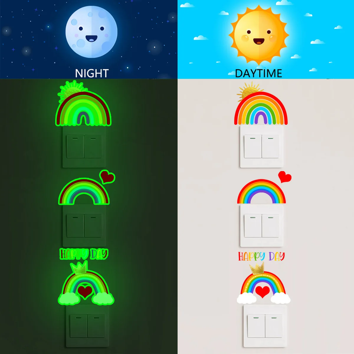 Glow-in-the-dark happy day rainbow switch paste bedroom living room switch paste decorative beautification self-adhesive wall pa