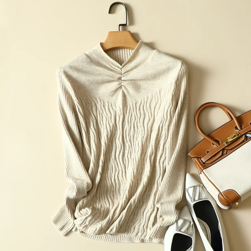 

Mock Neck Lightweight Knitted Women Sweater Pullovers Autumn Solid Elegant Female Pulls Outwear Coats Tops