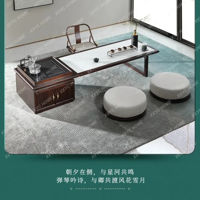 X-S New Chinese style all solid wood sitting tea table tatami kang table zen ebony rock slab long low tea table HG