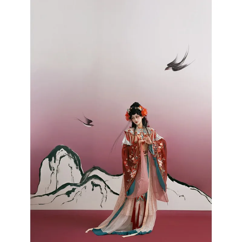 Hanfu, female Wei and Jin opera style embroidery half-arm collar big sleeve waist pleated skirt set