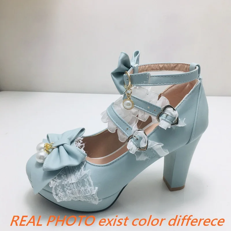 ASILETO Ladies Pumps Round Toe Ultrahigh Heels 9cm Platform 2cm Buckle Strap Bowknot Beads Sweet Lolita Shoes Plus Size 45 46