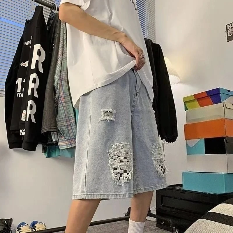 

Ripped Plaid Pattern Men's Denim Shorts Summer High Street Fashion Hong Kong Style Leisure Wear