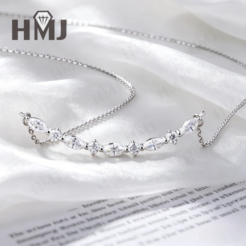 Delicate Cluster Moissanite Pendant Necklace 925 Sterling Silver Marquise/Round Cut DColor Anniversary Gift Fine Jewelry for Her – Detail 8