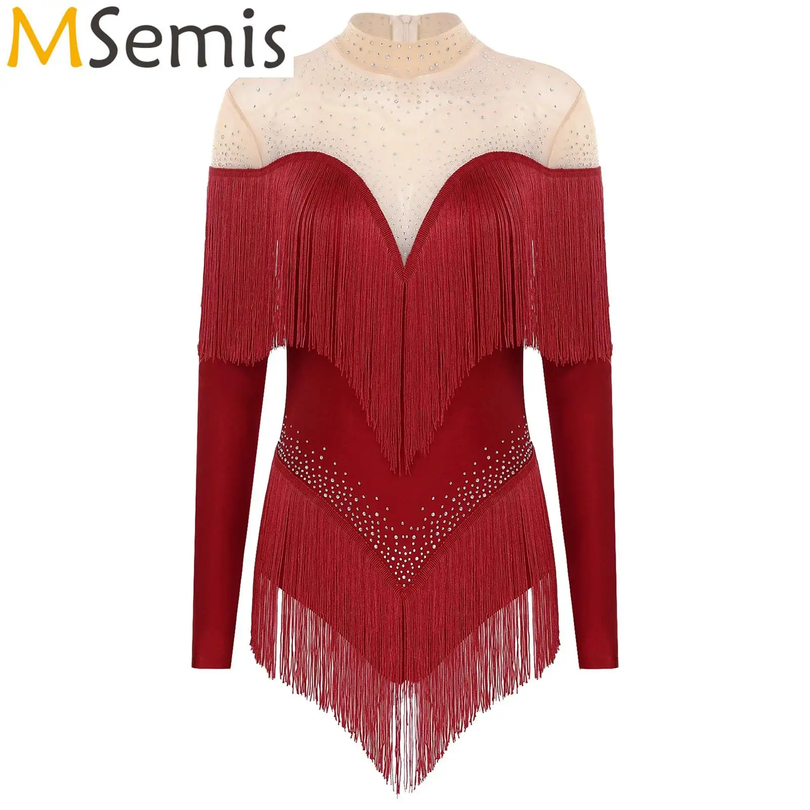 Womens Latin Ballet Dance Dress Figure Roller Skating Leotard Dress Dancewear Tassel Gymnastics Leotards Ballet Jersey Bodysuit