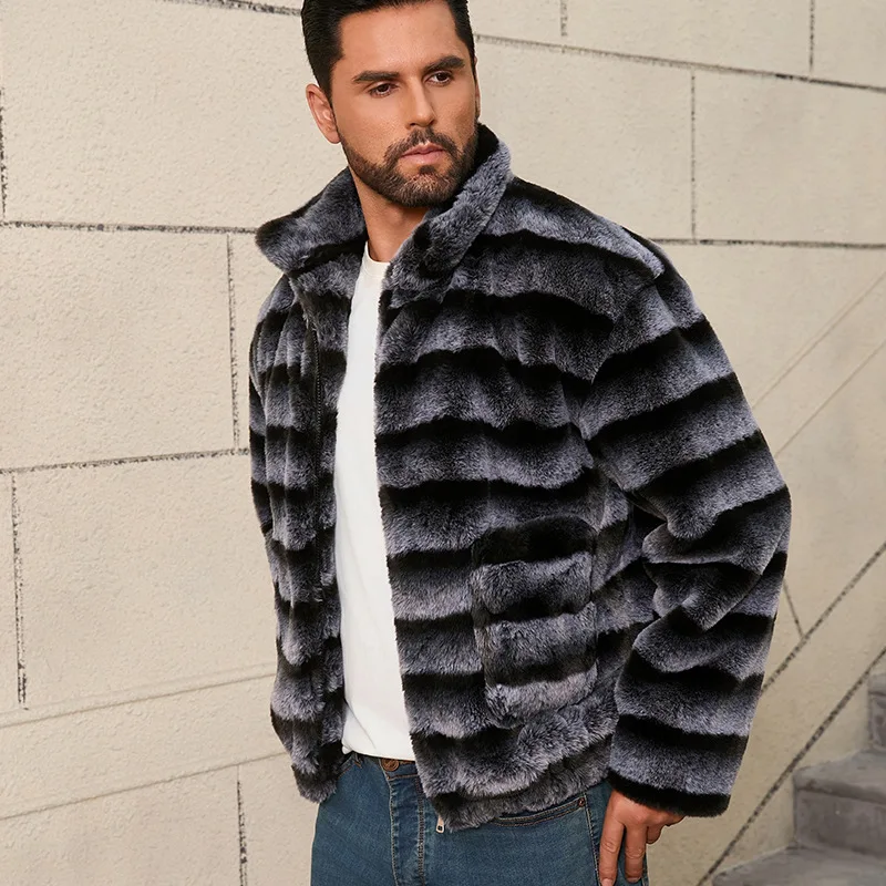 Men Fur Coat Winter Bomber Jacket Rabbit Fur Coat Luxury High Quality Faux Fur Jacket Zip Outerwear Stripe Short Tops Trendy New