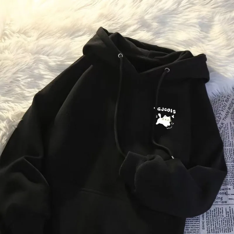 2026 Spring and Autumn New Simple Fashionable Personalized Small Black Cat Printed Hoodie Casual and Comfortable Hoodie