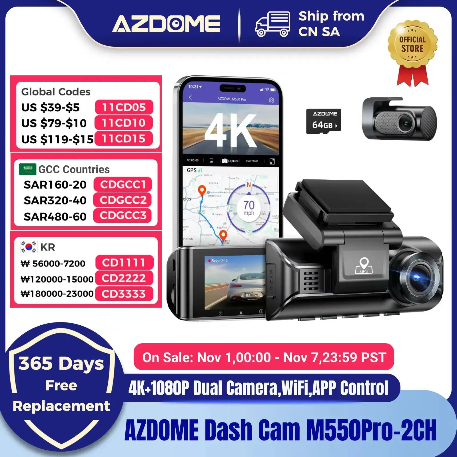 AZDOME M550Pro-2CH Dash Cam 4K Front + 1080 RearCam Car DVR Dual Camera Bulit-in WiFi Car Recorders IR Night Vision APP Control