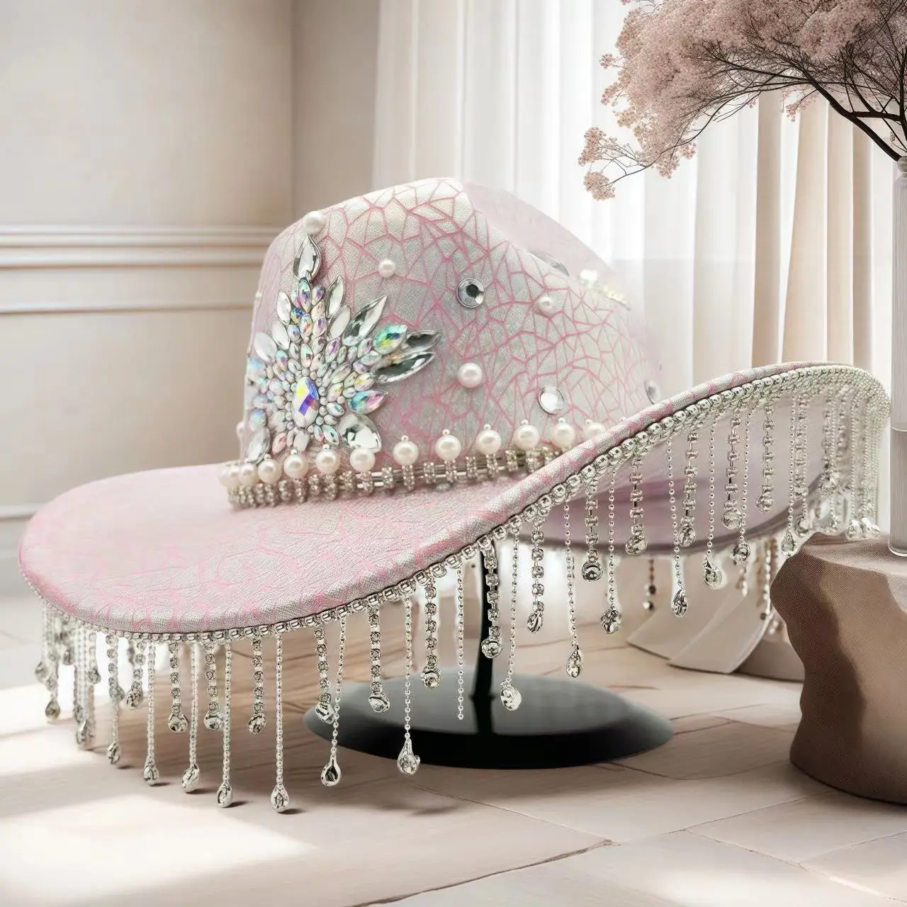 HongLuan Brokatowy Kapelusz Kostiumowy dla Dorosłych i Kapelusze Kowbojskie z Cyrkoniami dla Kobiet, Akcesoria do Cosplay Kowbojki i Kapelusz Kowbojski