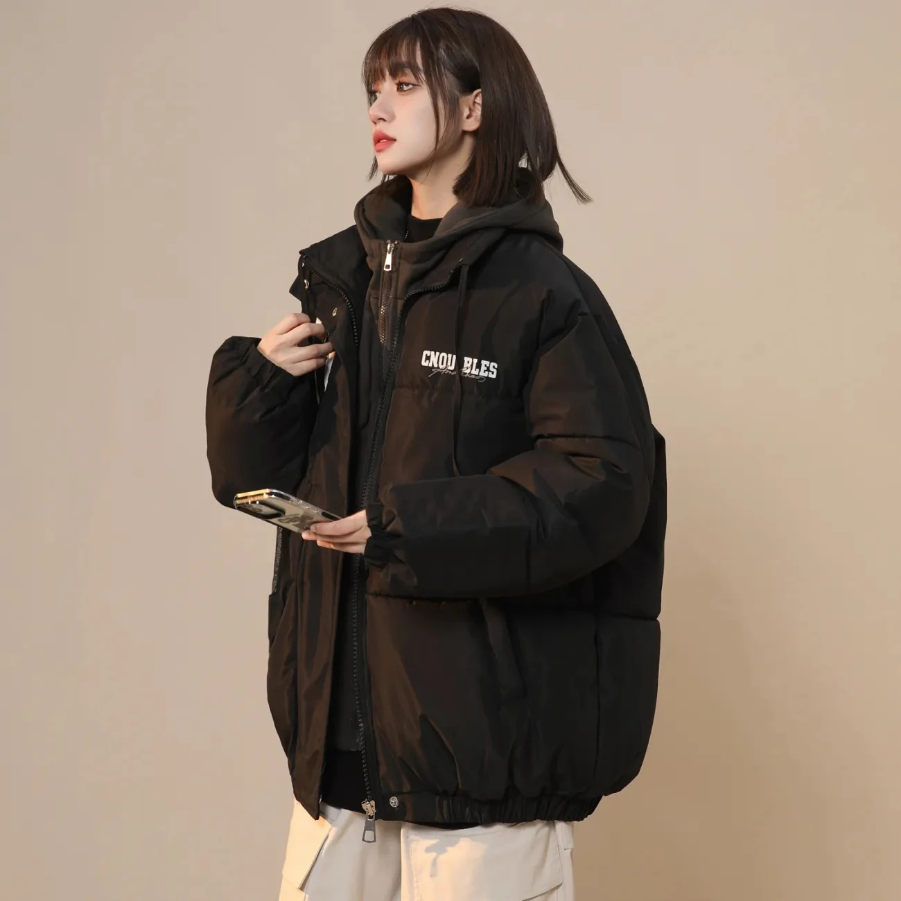 Winter Jacket 2024 New Womens Down Cotton Jacket Loose Commuting Leisure Splicing Fake Two Piece Hooded Padded Coat