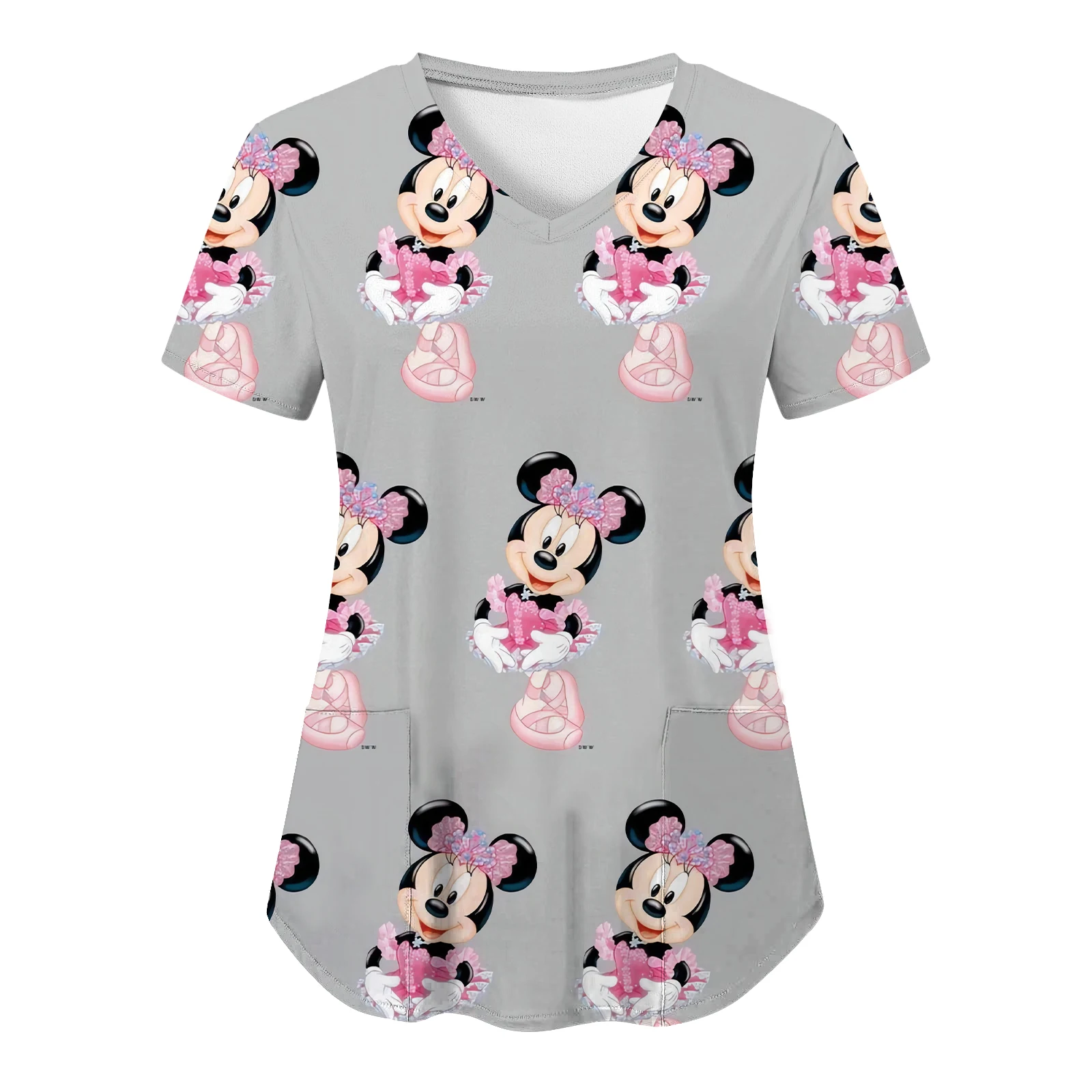 T-shirt à poche Minnie Mouse pour femme, uniforme d'infirmière, col en V, t-shirts Disney, haut d'hôpital, vêtements d'été, 2024