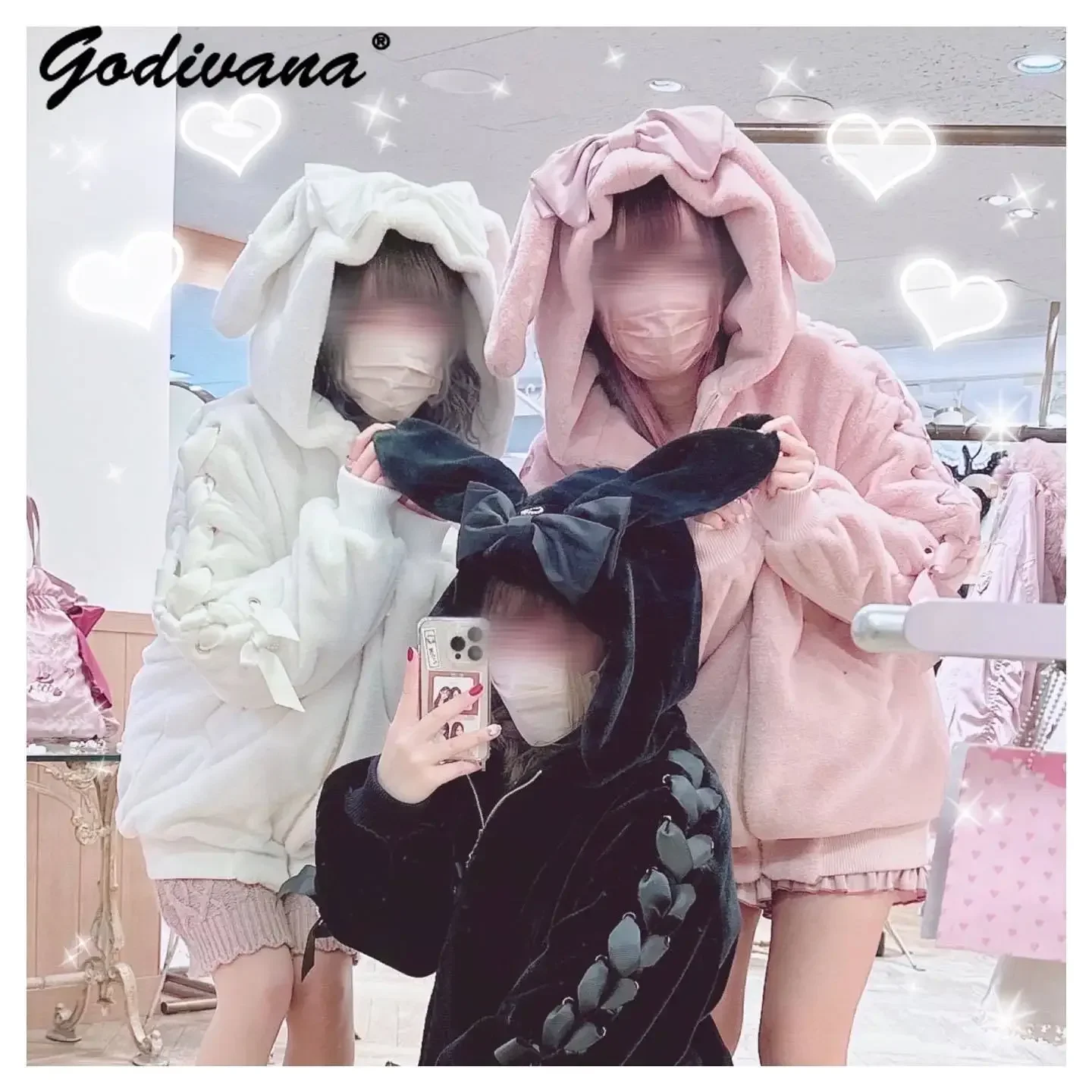 High Quality Japanese Winter Clothes Sweet Cute Mine Cute Rabbit Ear Plush Cotton Coat Jacket Girl Lolita Coats for Women Parkas