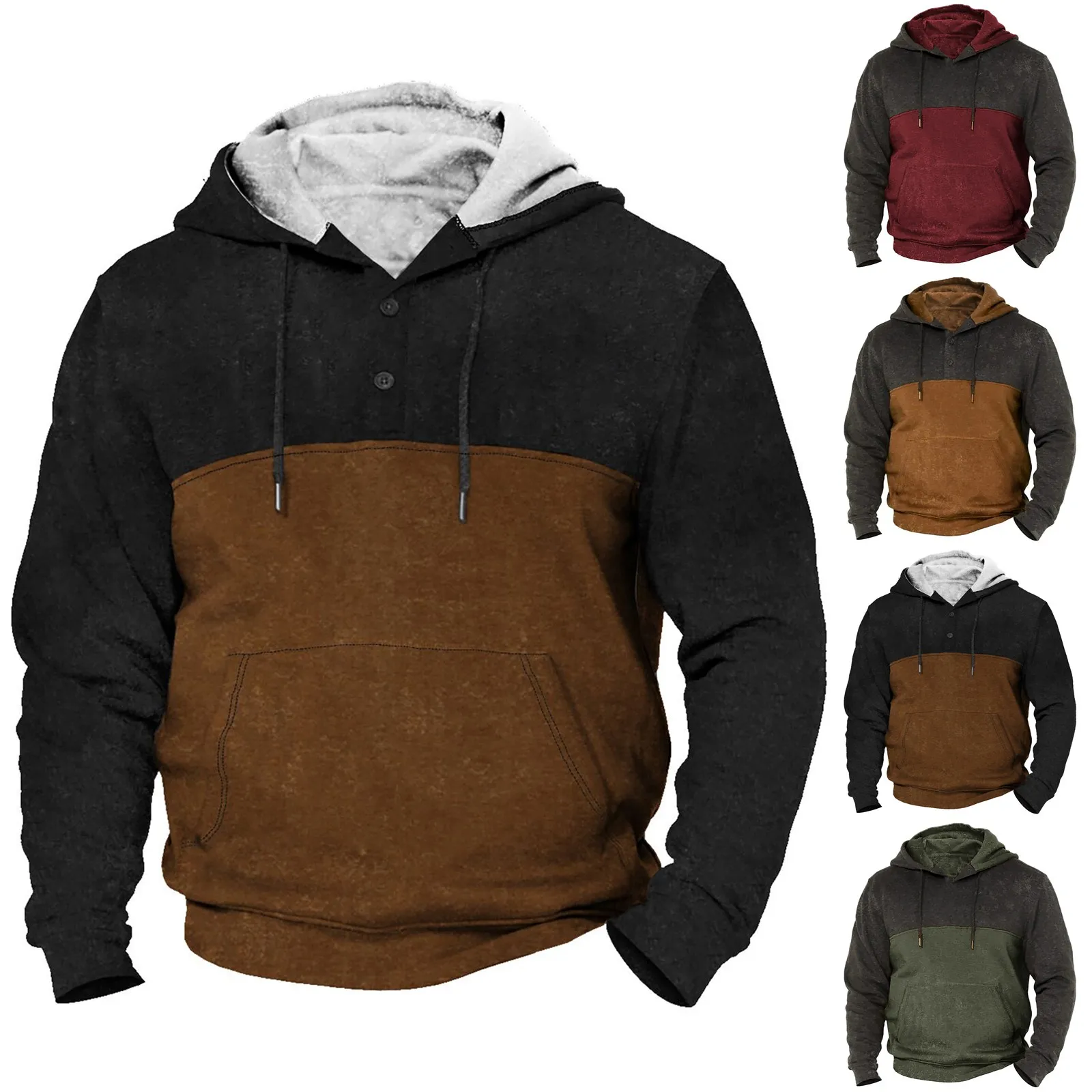 Men‘s Hooded Vintage Tops For Men Fashion Winter Long Sleeve Sweatshirts Oversized Color Matching Casual Hooded Pullovers