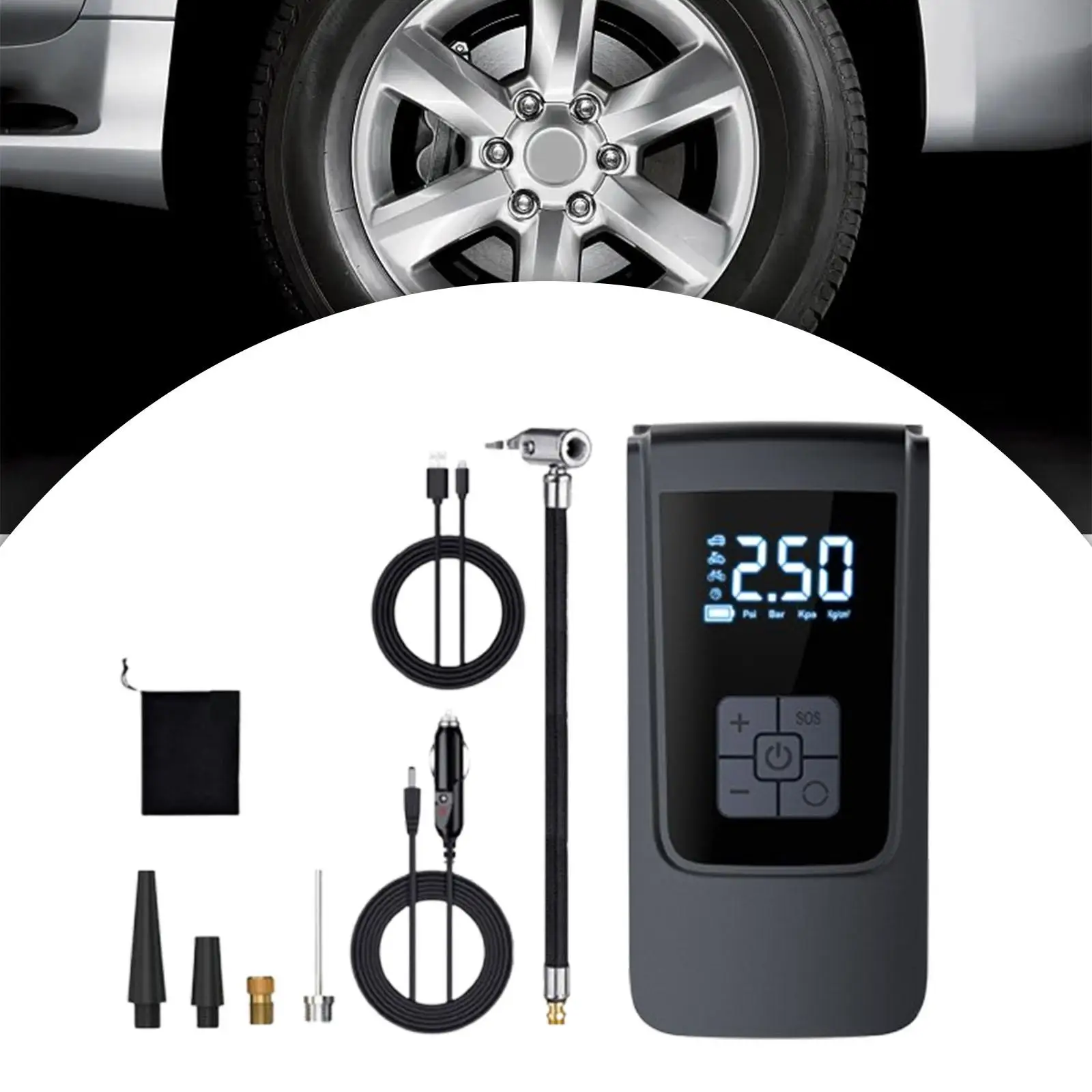 Tire Pump Rechargeable Air Compressor 7.4V/12V with 4 Valve Adaptors 8x4.5x16cm for Automobiles Digital Display Multifunctional