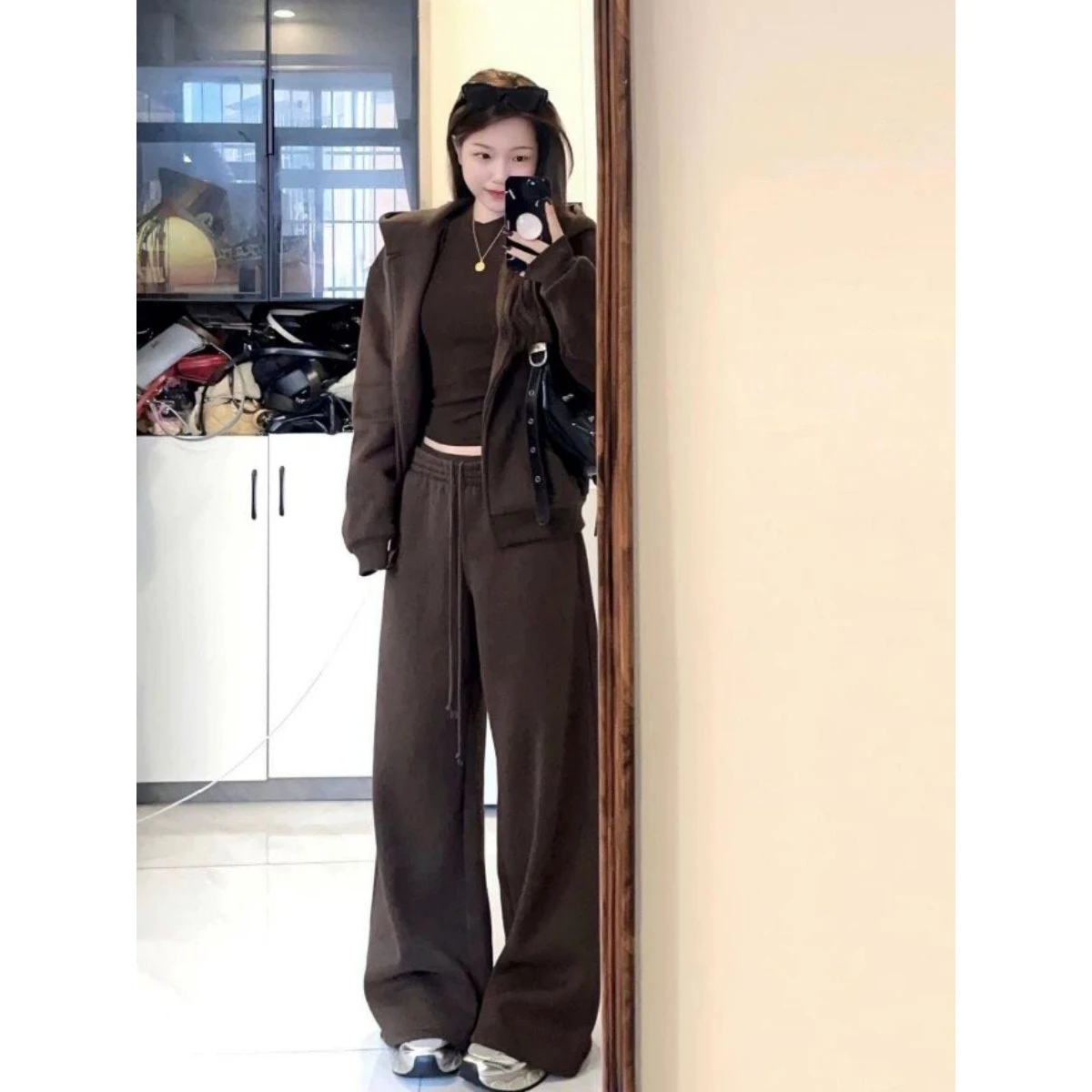 Women's Sporty Cotton-Like Diagonal Weave Set 250g Casual Loose Fashion Sweatshirt Two-Piece Autumn Korean Style