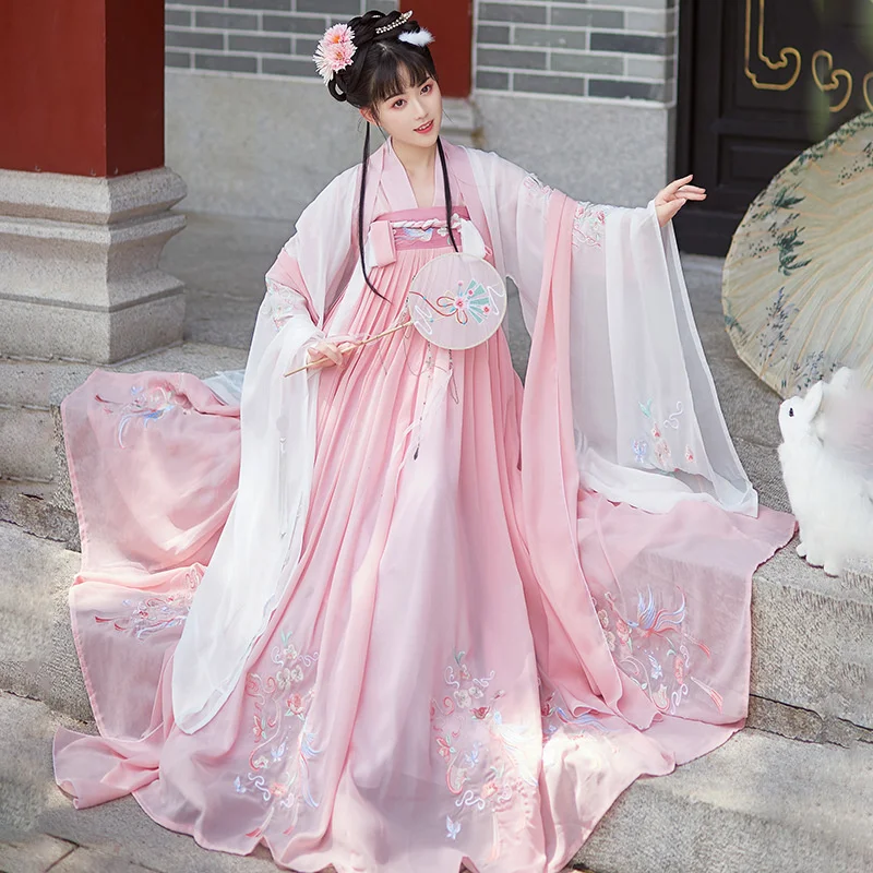 Gaun bordir tradisional Cina wanita Hanfu Pink kostum peri menari Cosplay pakaian putri karnaval 2022 3 buah