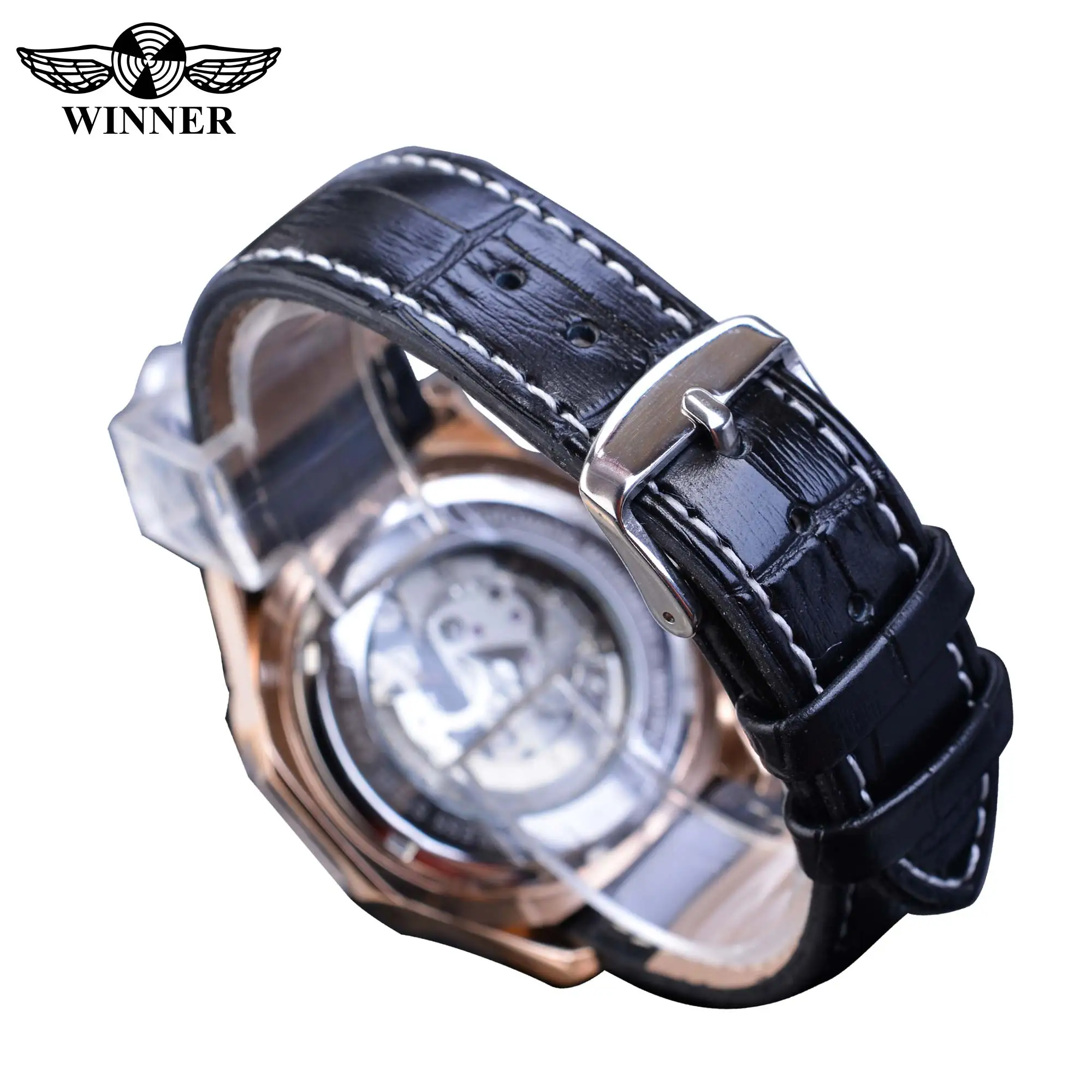 Fashion Winner Top Brand Mens Automatic Rose Golden Hollow Skeleton Leather Male Business Mechanical Clock Dropship Watch