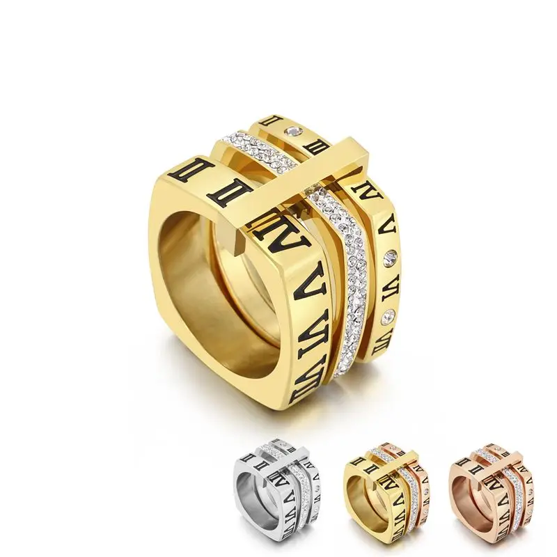 女性用の豪華なジルコニアストーン,リング,ステンレス鋼,金メッキ,繊細な結婚式のローマ,リング,リング