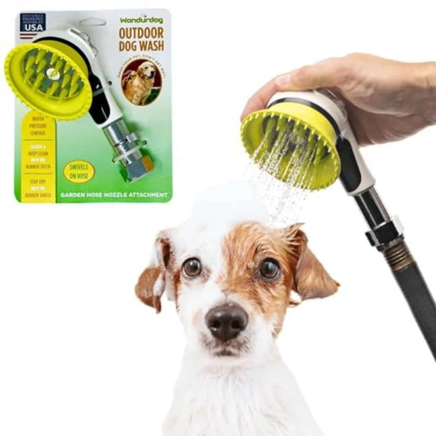 

Outdoor Dog Wash Garden Hose Nozzle for Bath and Quick Paw Rinses. Splash Shield Handle and Rubber Grooming Brush. Metal Connec