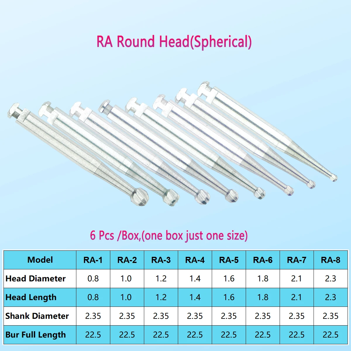 6Pcs/Box Dental Tungsten Carbide Bur Low Speed Round Head RA Series For Dental Lab Clinic Dental Supplies Shank Diameter 2.35mm