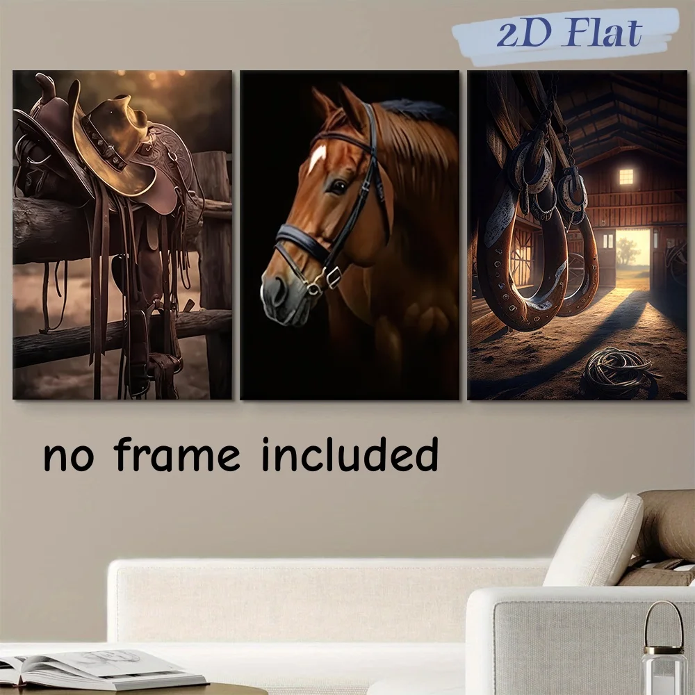 3-piece set of Western style retro denim decorative paintings, American rural style frameless canvas hanging paintings, living r