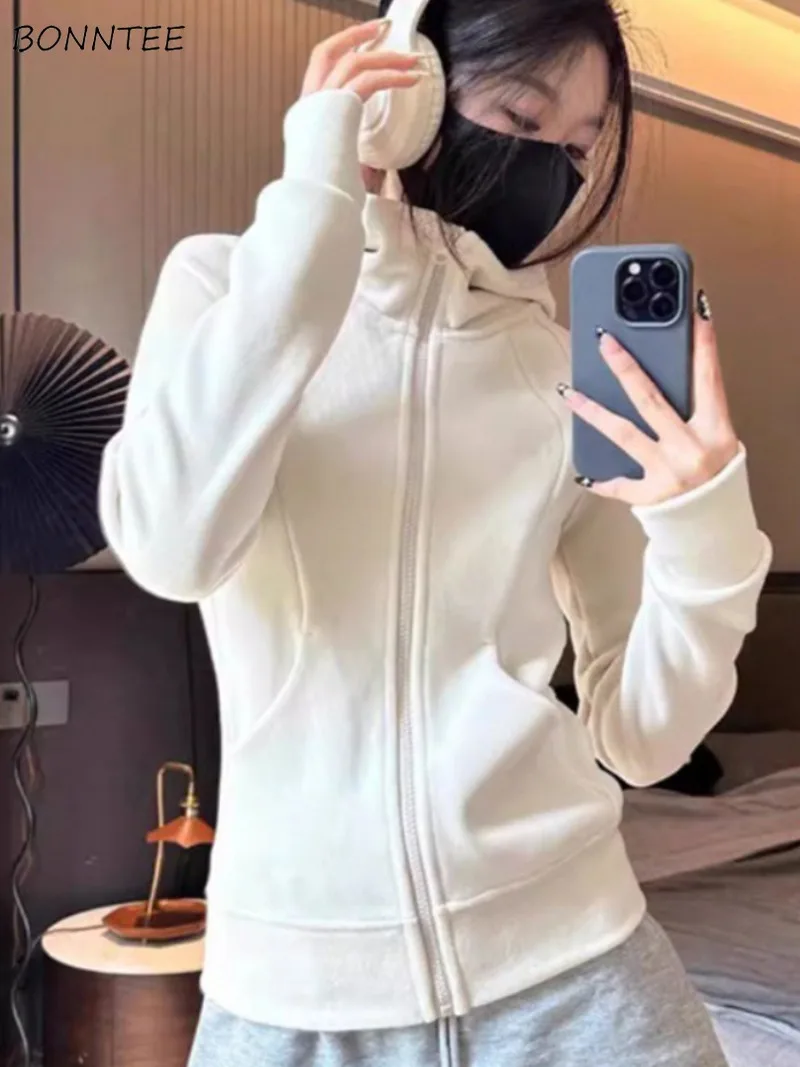 Hoodies Women Zipper Chic Solid Korean Fashion Outwear Autumn Winter All-match Long Sleeve Daily Casual Trendy Harajuku Simple