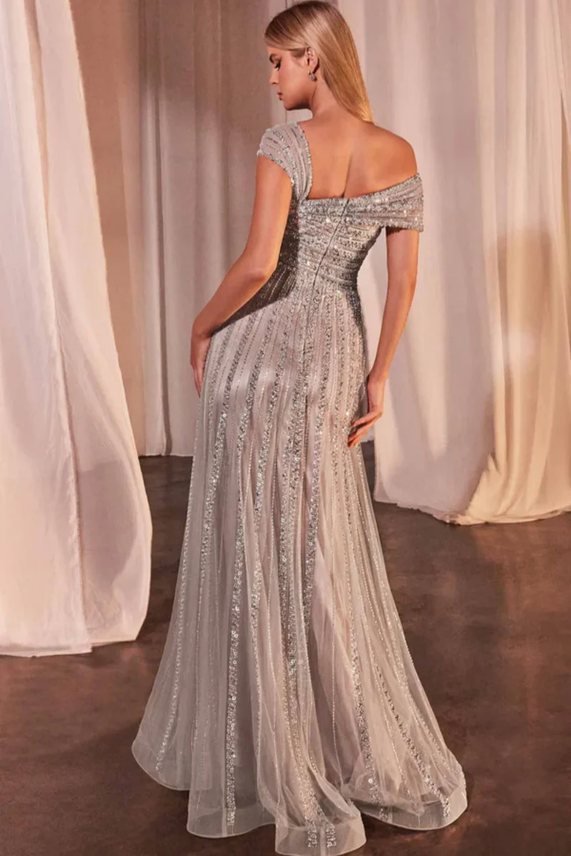 Charming Silver Sparkle Single Shoulder Evening Dress Off Shoulder Beaded Elegant A-line Ball Dress Fashion Party Dress Custom