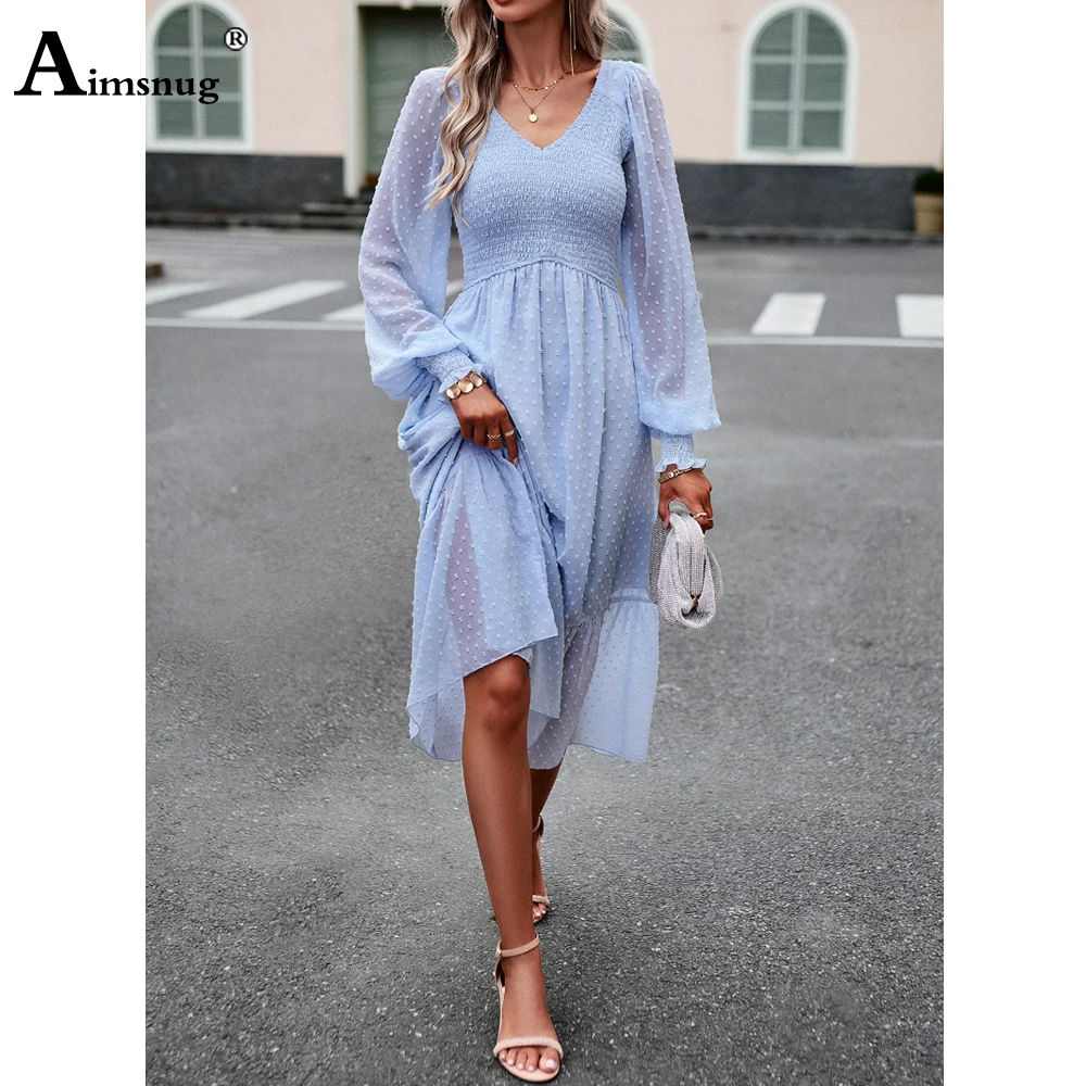 Women Elegant Guaze Chiffon Mid-Calf Dress Womens High Cut Jacquard Dots Party Dresses Female Casual A-line Dress Clothing 2023