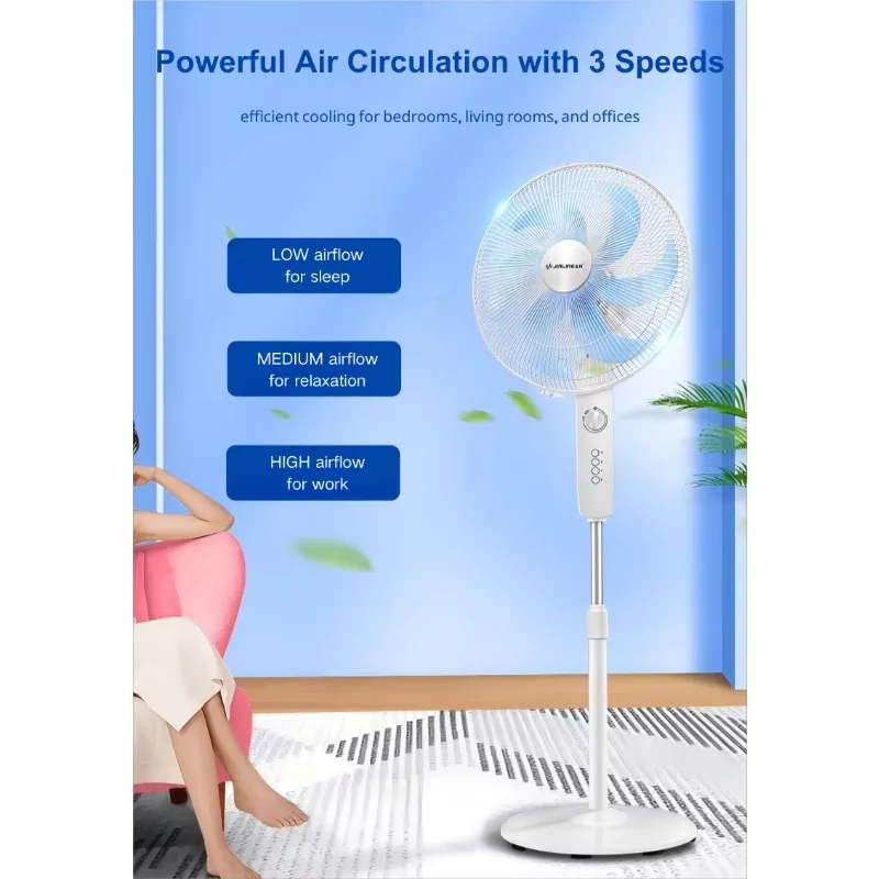 16 Inch Pedestal Fan Bedroom Oscillating Fan 3 Speeds Adjustable Height Floor Standing Fan for Living Room Kitchen Home Office