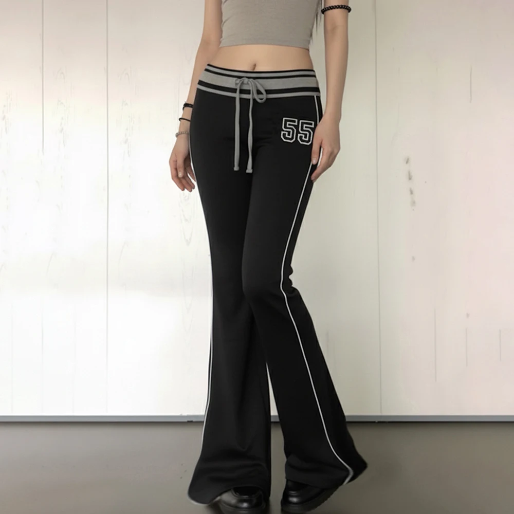 النمط الرياضي الأمريكي منخفض الخصر كتلة اللون عارضة السراويل مرونة الخصر المطبوعة الأساسية شخصية حار السراويل الطويلة