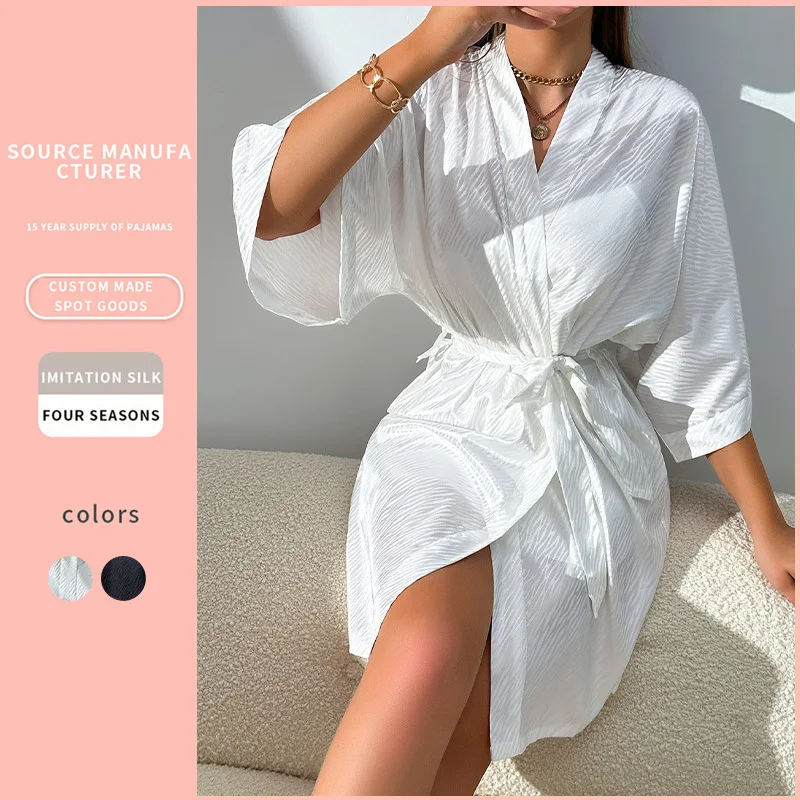 Branco feminino noite robe com decote em v sexy robe de seda com cinto curto cetim quimono robe sleepwear roupão de festa da dama de honra vestido