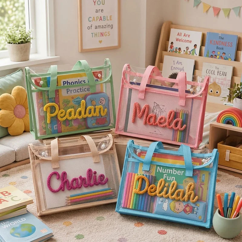 Personalized Kids Library Bag Custom Name Clear Book Folder A4 Waterproof School Bag Reading Bag Custom Back-to-School Gift