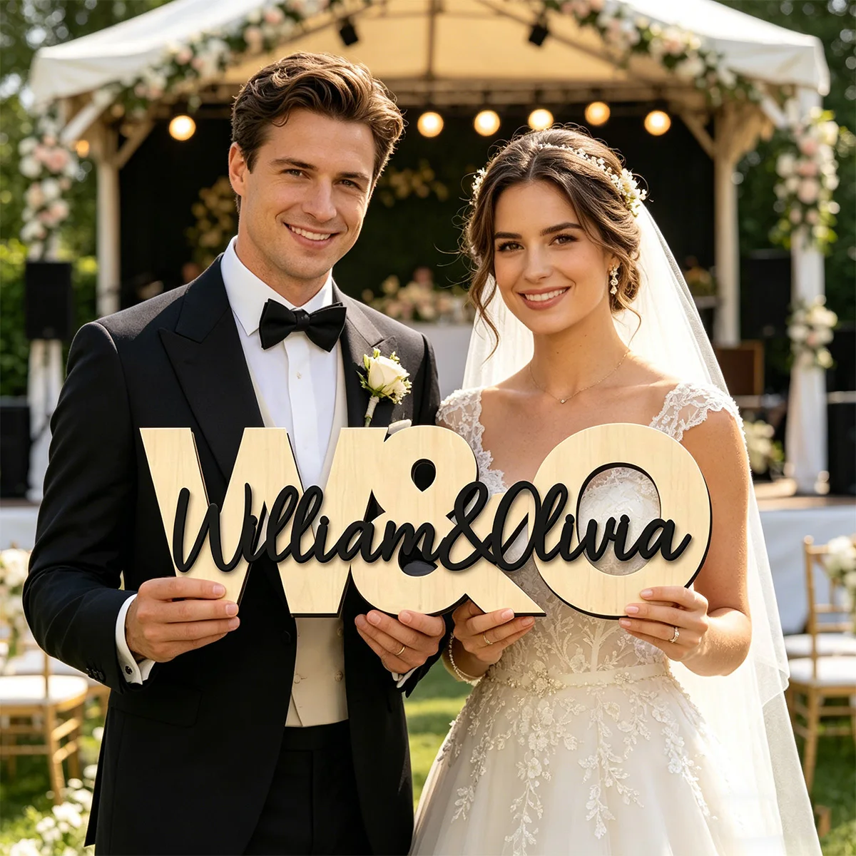 1pc wooden multi-color double-layer surname brand, creative wedding theme pattern, customized exclusive name