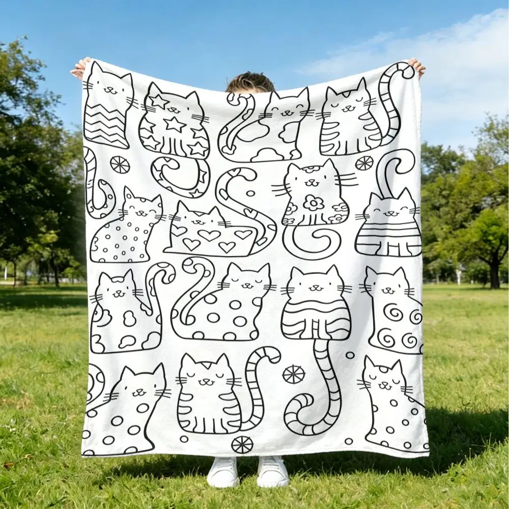 1pc Adorable‑Cat Sketch‑Print Throw Blanket, Sofa Decor, Skin‑Friendly DIY Coloring Gift for Adults