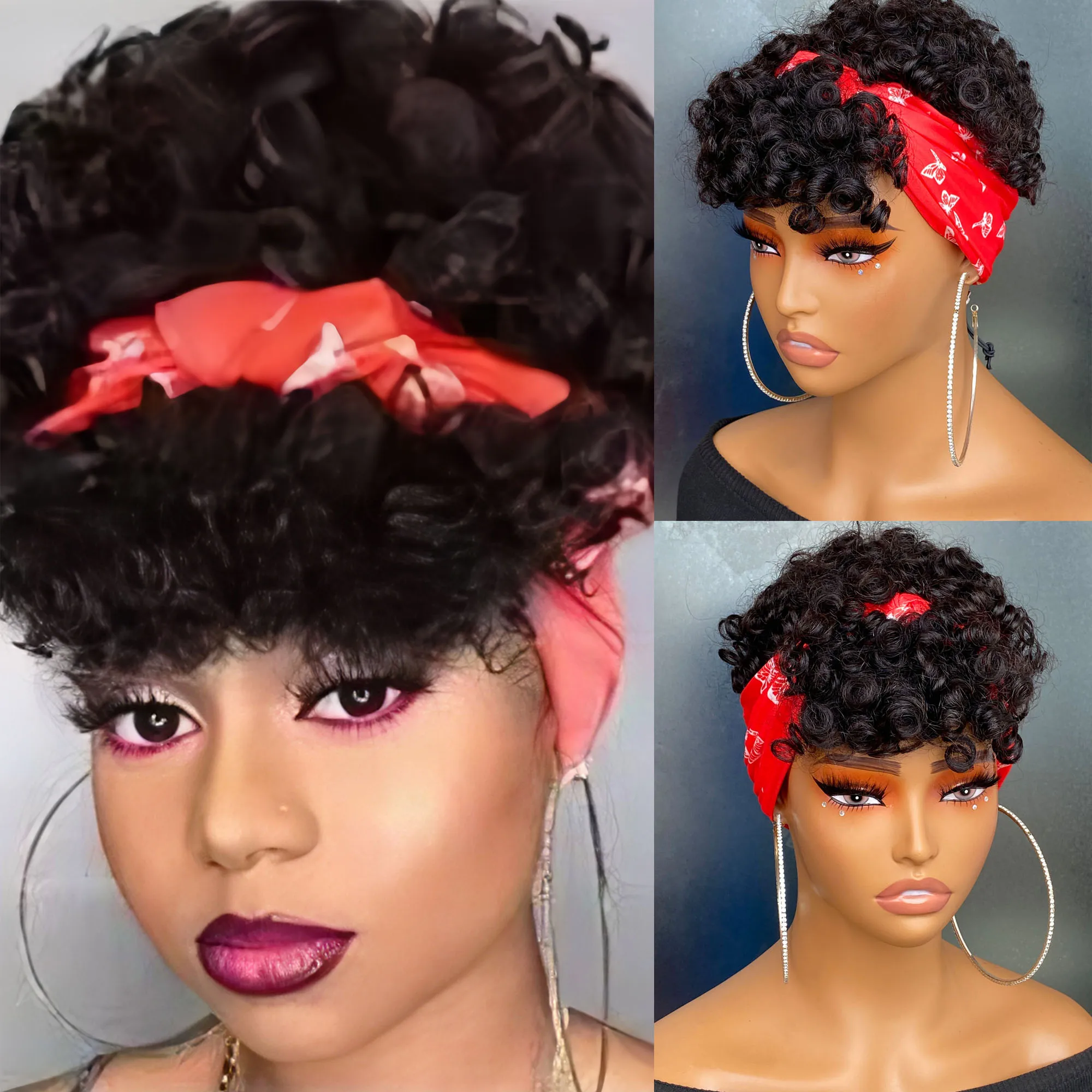 

Short Curly Headband Wig for Women pixie cut human hair wigs fashion style full machine made wig