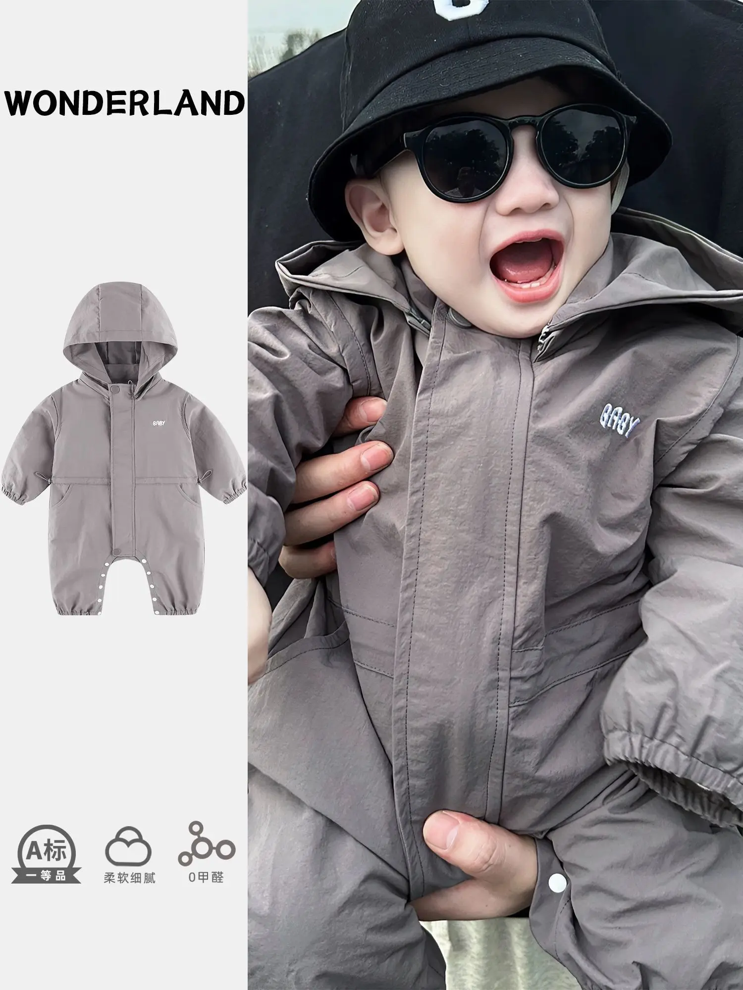 2024 autumn baby boys casual cool one piece hooded rompers infant toddler jumpsuit two colors