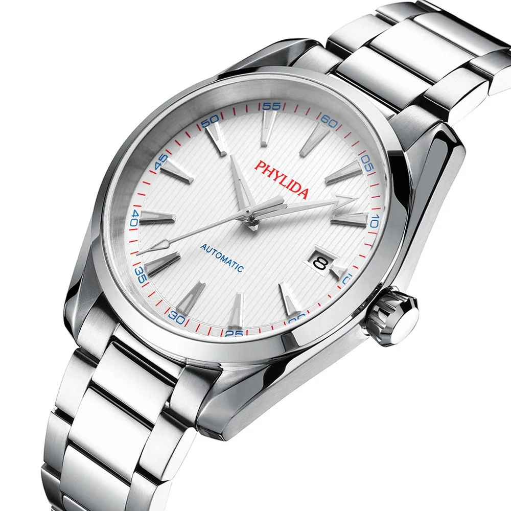 PHYLIDA 40mm NH35A 자동 시계 화이트 다이얼 패션 클래식 기계식 손목 시계 솔리드 SS 사파이어 크리스탈 아쿠아 100M